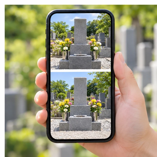 墓所の写真をスマートフォンで確認するイメージ