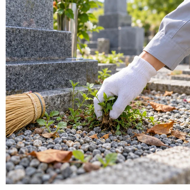 墓所の足元の草取りをする作業イメージ